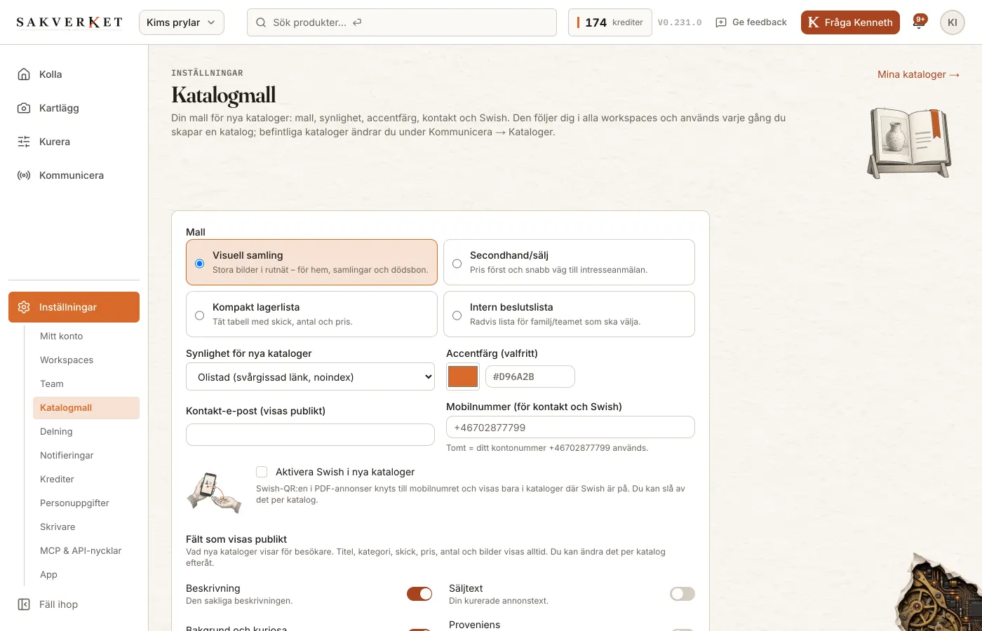 Inställningar → Katalogmall med fältval