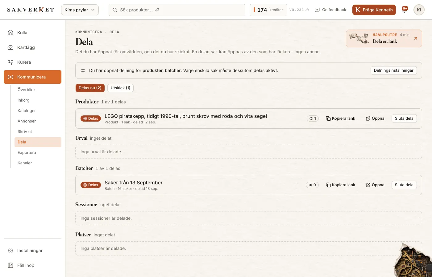 Produktlistan med fyra rader markerade och Dela-knappen