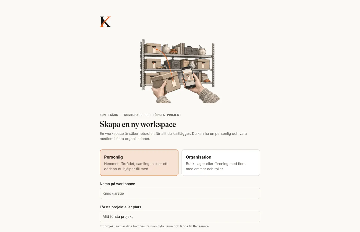 Onboarding: namnge din första workspace