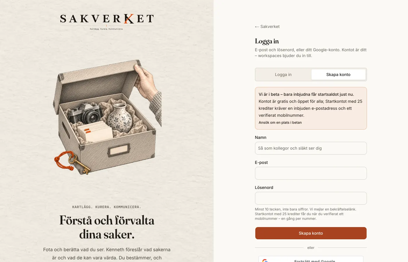 Registreringsformuläret med Google-knappen